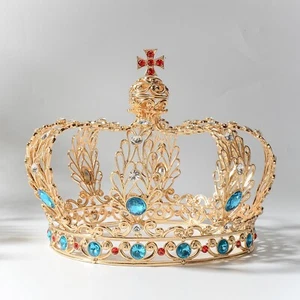 15cm Tall Large Men's Cross Gold Crown Drama Imperial Medieval King Metal Crown - Picture 1 of 8