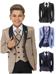 Boys Slim Fit Paisley Floral 5PC Suit with Satin Lapel-Formal Wear in Ages 1-16 - Picture 1 of 39