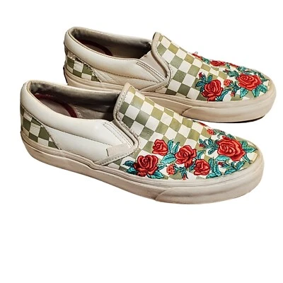 Vans Slip On Sneakers Embroidered size 7.5/38 Roses Checkered Leather Gray White - Image 1 of 4