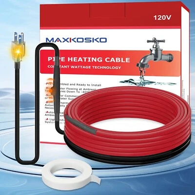 MAXKOSKO 7FT Constant Wattage Heat Tape for Water Pipes, 7 W/Ft, with Built-in Thermostat