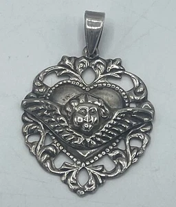 925 Sterling Silver Angel Cherub Heart Pendant charm Art Nouveau Deco large VTG - Picture 1 of 8