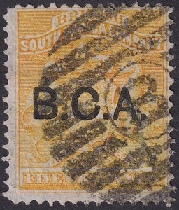British Central Africa 1891 QV BCA Opt on BSAC 5sh Or-Yellow Used SG12 cat £120 - Picture 1 of 2