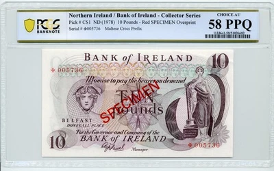1978 £10 Bank of Ireland, SPECIMEN, Pick# CS1 - PCGS Choice AU 58 PPQ - Image 1 of 2