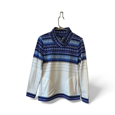 Talbots Fair Isle Print Knit High Neck Sweater w/ Pockets Blue & White Size XS - Image 1 of 4