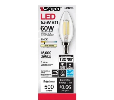 Satco S21274 - 5.5 Watt B11 LED E12 Clear Bulbs - 3000K (6 Pack) - Image 1 of 3