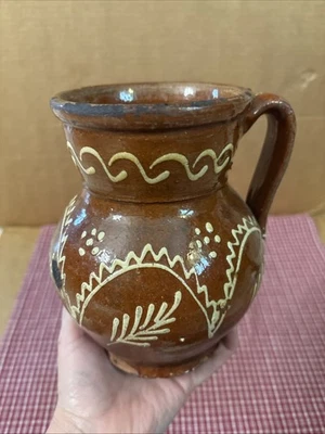 17th/early 18th Century German Wide Mouth Redware Cooking Vessel  W Slip Design - Image 1 of 4