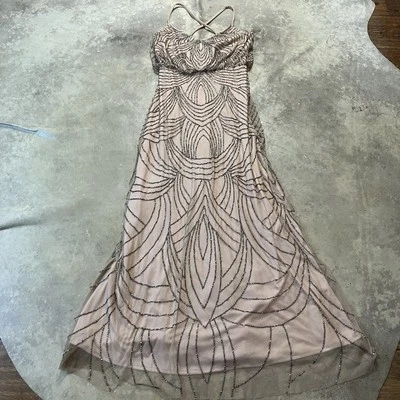 Adrianna Papell Dress Sz 8 Beaded Mesh Blouson Taupe pink Bridesmaid Prom - Image 1 of 4
