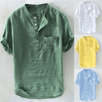Men's Linen Cotton Short Sleeve Tops Soild T-shirts Formal Smart Shirts Blouse - Image 1 of 4