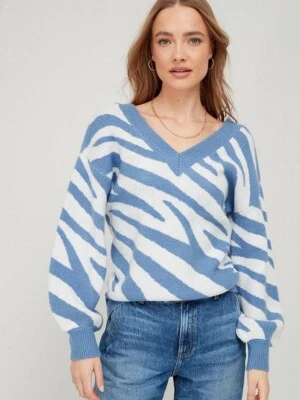 V By Very Knitted Knit Zebra Animal Jacquard V Neck Jumper Blue White UK Size 12 - Image 1 of 3