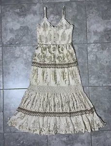 Me 2 Magic Anthropologie Lace Eyelet Embroidered Gold Tiered Maxi Dress New M - Picture 1 of 20
