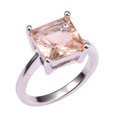 Princess Cut, Big Stone Morganite lady's Ring White Gold Plated Size 5, 6,7,8,9  - Image 1 of 4