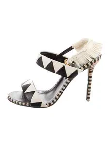 SERGIO ROSSI Black & White Leather Printed Sandals SZ 7.5 IT 37.5 Good Condition - Picture 1 of 5