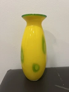 White Glass Vessel Cased in Bright Yellow - Large Green Spots w/ Halos - Picture 1 of 7