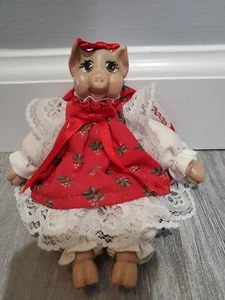 Kitschy Creepy Pig Christmas Doll Holly Lace Apron - Picture 1 of 8