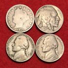 Lot of (4) US Nickels of the 20th Century Liberty Head Buffalo Silver War Nickel