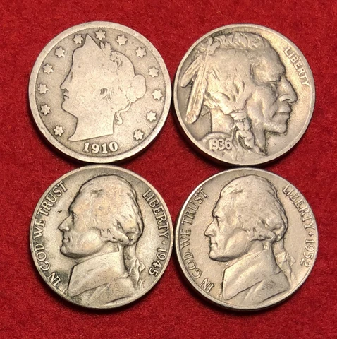 Lot of (4) US Nickels of the 20th Century Liberty Head Buffalo Silver War Nickel Cover