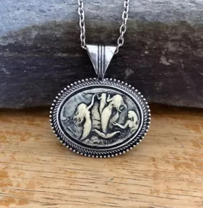 Mermaid Cameo Necklace Pendant Playful Siren Family, Vintage Antique Silver Rare - Picture 1 of 6