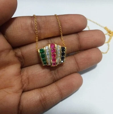 3Ct Round Ruby Sapphire Emerald Women's Pendant Silver 14K Yellow Gold Plated - Image 1 of 4