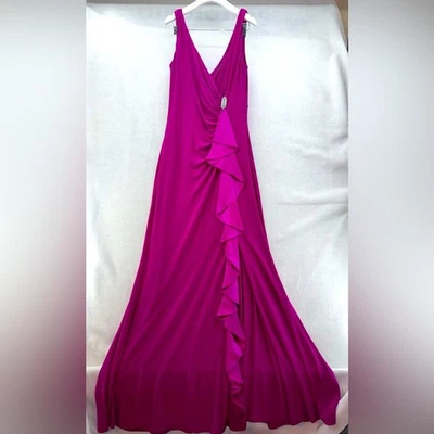 Usado en Excelente Condición Vestido de Noche Lauren Ralph Lauren Fucsia Sin Mangas Cuello en V Talla 8 Volantes Foto 1 de 4