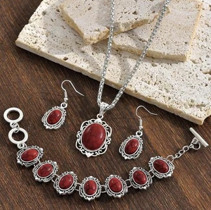 Western 3 piezas perforado piedra roja plata cadena collar, pulsera, juego de pendientes - Imagen 1 de 4