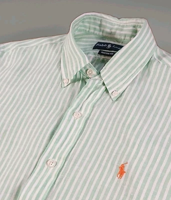 Ralph Lauren 100% Linen Custom Fit Button-Down VTG LS Green Striped Shirt Mens M - Image 1 of 4