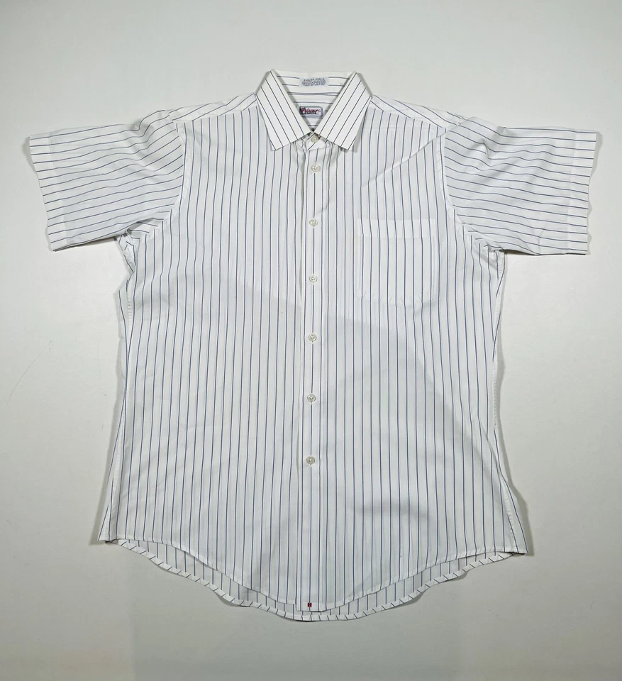 Hathaway Shirt Mens 16 White Blue Stripe Short Sleeve English Poplin Made USA - Image 1 of 4