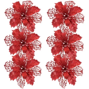 6pcs Artificial Poinsettia Flowers Glittering Hollow Christmas Floral Ornaments - Picture 1 of 11