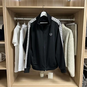 Fred Perry Mens Full-Zip Track Top Tracksuit Jacket Size XL Black Retro Tape - Picture 1 of 8