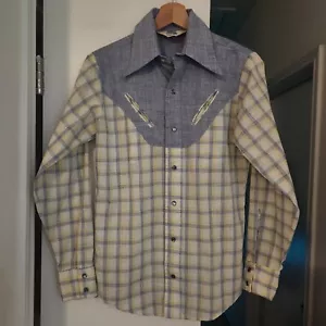 Vintage Wrangler kariertes blaues Perlen Druckknopf USA Western Hemd Medium gelb - Bild 1 von 6