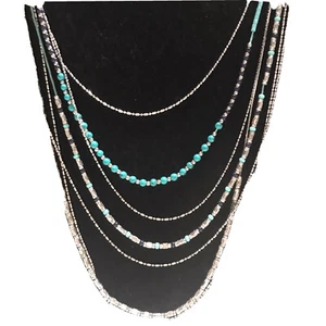 Accessorize Brand 7 Layer Chain Necklace Silvertone & Faux Turquoise K518 - Picture 1 of 8