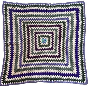 VINTAGE Blanket Throw 45” X 45” Concentric Squares Purples Greens Crochet Knit - Picture 1 of 6