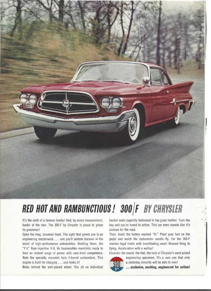 Original 1960 Chrysler 300-F vintage print ad:  "Red Hot and Rambunctious!  300F - Image 1 of 1