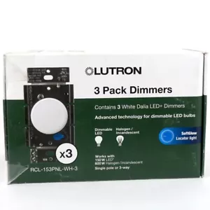 Lutron Dalia LED+ Dimmer Switch White 3 pk SoftGlow Locator Light RCL-153PNL-WH3 - Picture 1 of 11