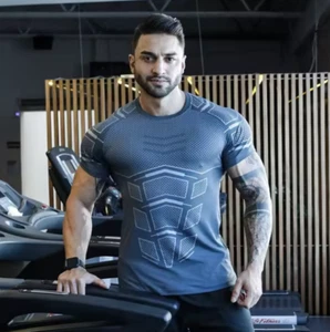 2023 Men Compression Slim Fit Top Short Sleeve Gym T-Shirt Running Fitness Sport - Picture 1 of 11