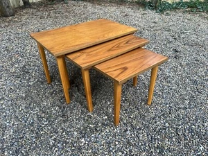 Vintage Teak Effect Danish Style Nest Of 3 Side Occasional Coffee Tables - Picture 1 of 13