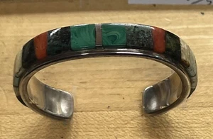 Vintage Sterling Silver 22 Gemstone Inlay Bracelet  - Picture 1 of 4