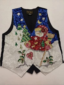 Vintage BALI CHIC Full Sequin Vest Women’s M Beaded Snowman Holiday Sparkly - Picture 1 of 11
