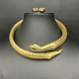 Whiting & Davis Vintage Gold Tone Signed Snake Choker Necklace + Earrings ** - Picture 1 of 11