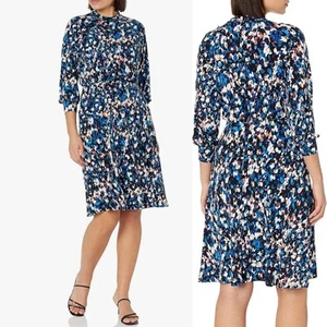 Maggy London Raglan Long Sleeve Crew Neck Blue Speckled Print Blouson Midi Dress - Picture 1 of 14