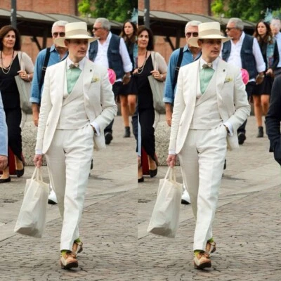 Trajes Crema Para Hombre Solapa Pico Formal Negocios Boda Novio Esmoquin Tres Piezas Foto 1 de 4