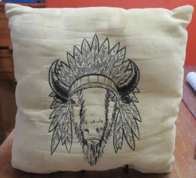 Vintage Tan FAUX SUEDE Pillow MACHINE-EMBROIDERED Black BUFFALO IN HEADDRESS - Image 1 of 4