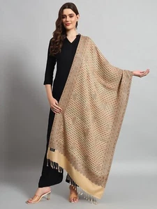 Beige Pashmina Cashmere Paisley Shawl Wrap Stole Large Indian Wool Warm Throw - Picture 1 of 8