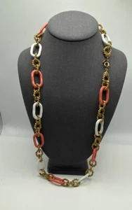 Miriam Haskell Faux Orange Coral Link & Gold-tone Cable Link Chain Necklace 28" - Picture 1 of 3