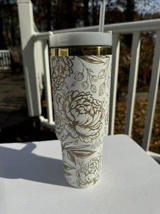 40oz Insulated Tumbler Laser Engraved Elegant Seamless Peony Design - Picture 1 of 8