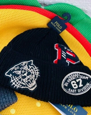 Polo Ralph Lauren Tiger Football Multi Patch Naval Tailors Knit Beanie Toque Hat - Image 1 of 4