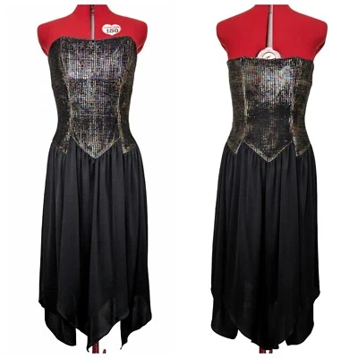 Vintage 1980’s Strapless Prom Party Dress Black Colorful Metallic Top MADE  USA - Image 1 of 4