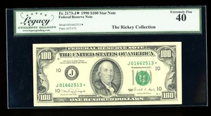DBR 1990 $100 FRN STAR Kansas City Fr. 2173-J* Legacy XF-40 Serial J01662513* - Picture 1 of 2