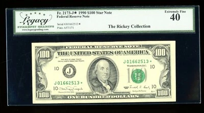 DBR 1990 $100 FRN STAR Kansas City Fr. 2173-J* Legacy XF-40 Serial J01662513* - Image 1 of 2