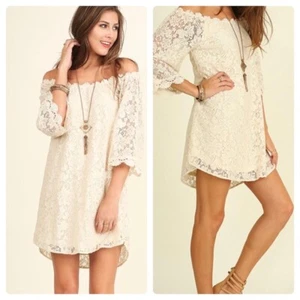NEW Umgee Off Shoulder Boho Floral Lace Mini Dress Ivory Size S - Picture 1 of 11