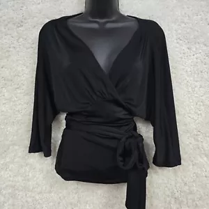 Diane Von Furstenberg Wrap Top Womens Large Black 3/4 Sleeve Minimalist Capsule - Picture 1 of 13